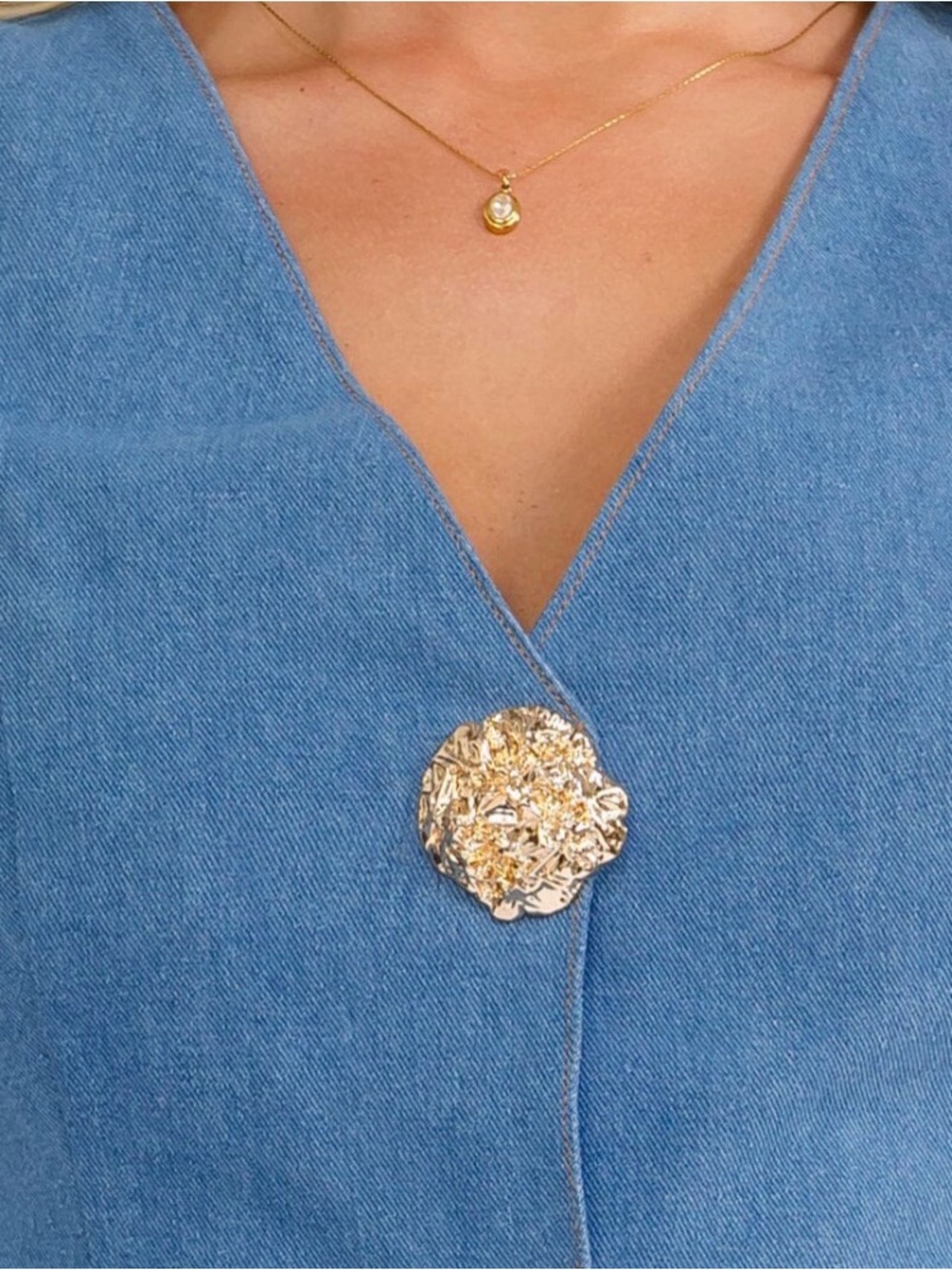 Blue Denim V-Neck Vest with Gold Floral Buttons - Picture 4 of 6